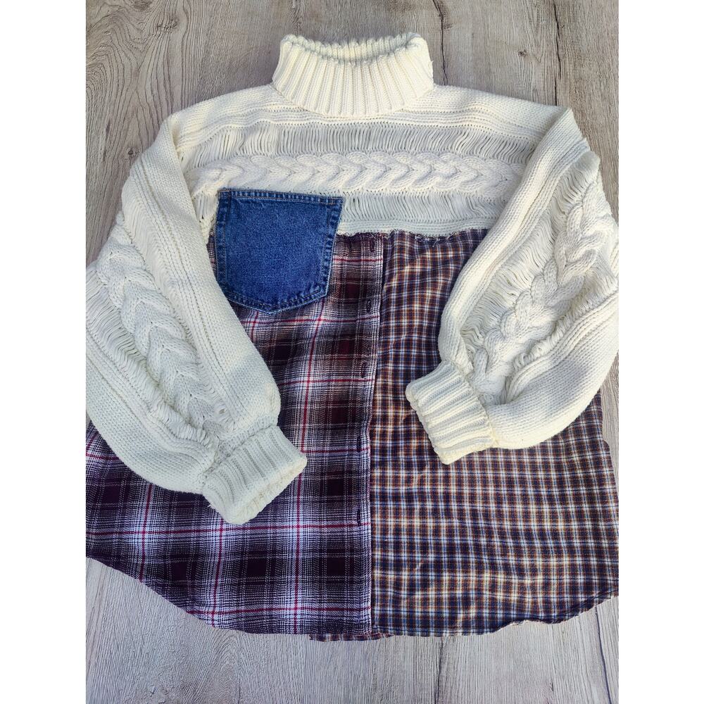 Handmade Upcycled‎ Patchwork Turtleneck Sweater Cable Knit Artisanal Grungecore